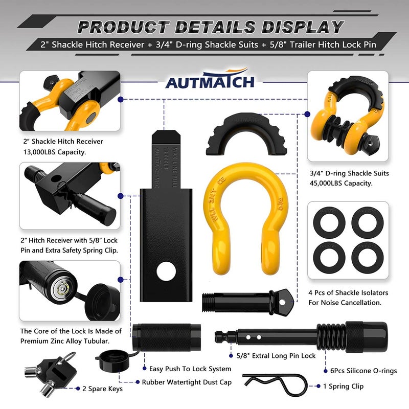 AUTMATCH Shackle Hitch Receiver 2 Inch - 3/4"" D Ring Shackle and 5/8"" Trailer Hitch Lock Pin  45 000 Lbs Break Strength Heavy Duty Receiver Towing Kit for Off-Road Vehicle Recovery  Black & Yellow - Image 2